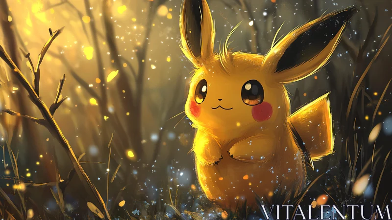 Golden woodland Pikachu glows softly in drifting light
