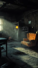 Dusty sunlit armchair in a forgotten, quietly glowing room.