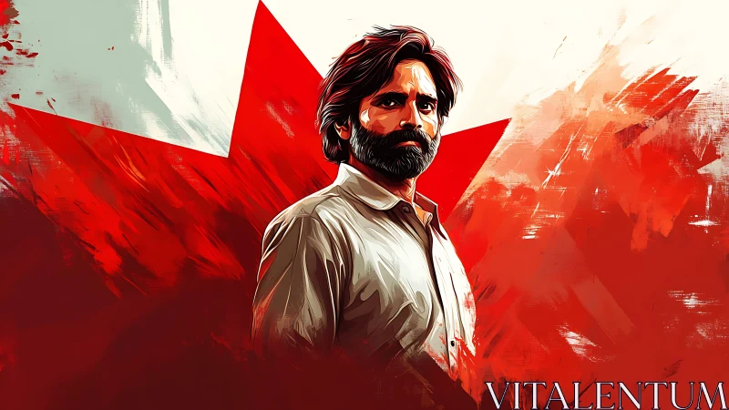 Bearded man in white shirt before bold red backdrop.