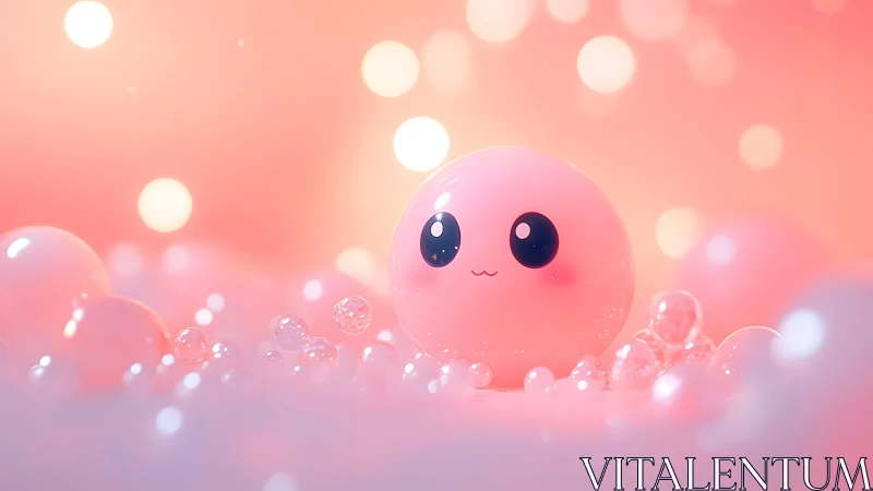 Cute Pink Kawaii Bubble Character in Dreamy Pastel Setting.