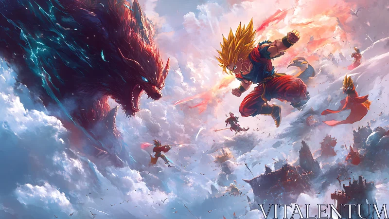 Golden-haired warrior clashes with colossal sky beast.