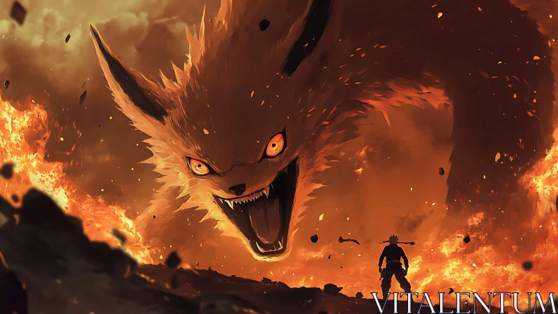 Colossal fiery fox spirit confronting lone warrior silhouette.