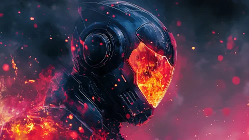 Futuristic armored soldier with molten visor in flames.