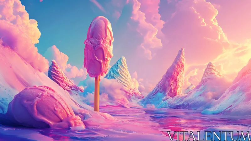 Pink ice cream landscape with surreal melting mountains.