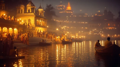 Riverfront temple festival glows through dense evening mist
