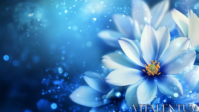 White and Blue Cosmos Flowers with Glowing Particles.