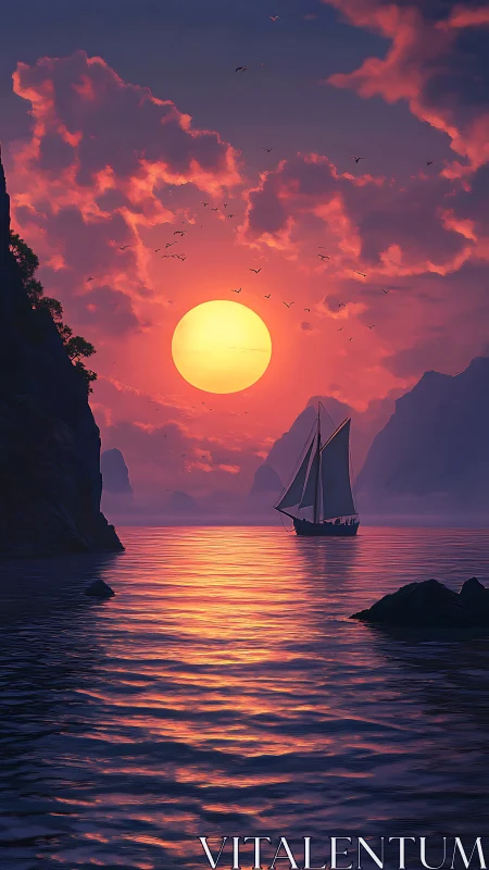 Crimson sunset voyage across mirrored violet waterscape.