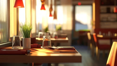 Sunlit restaurant table with glasses and plant decor.