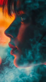 Quiet neon gaze wrapped in swirling teal and ember mist.