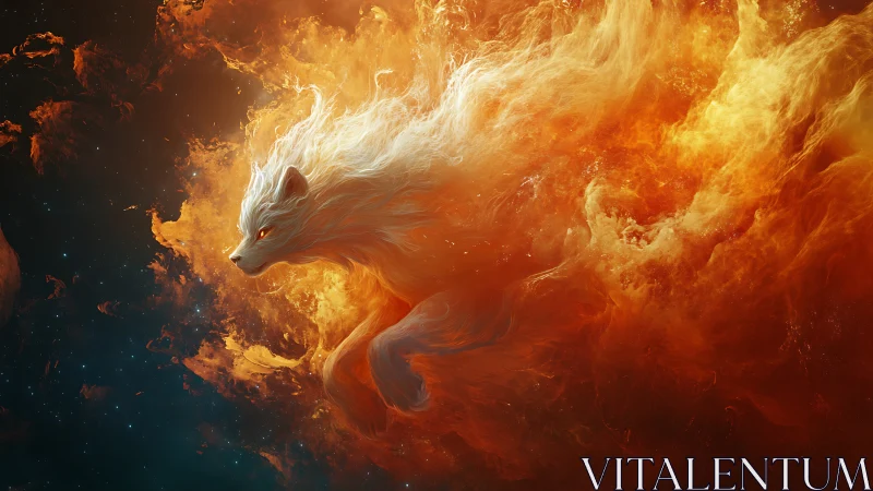 Celestial fire fox spirit streaks through a blazing nebula