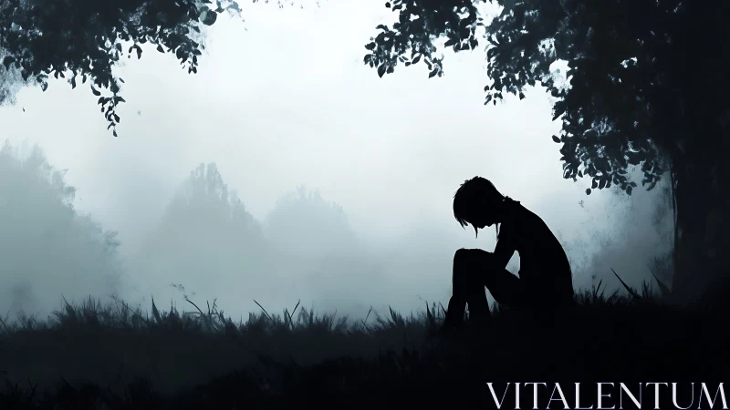 Silhouetted figure seated in misty forest clearing at dawn