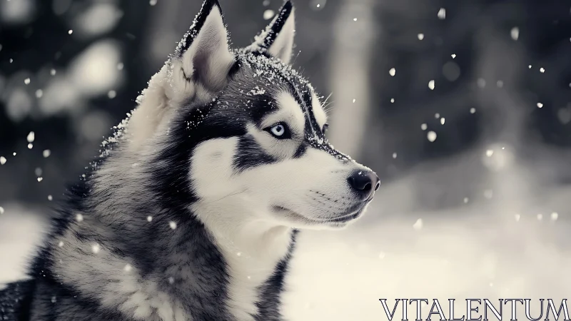 Siberian husky dog in falling snow with soft blurred background.