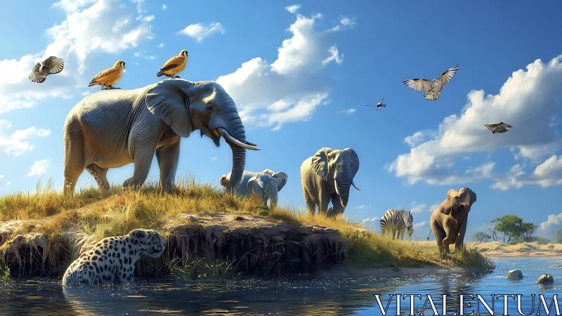 Peaceful savanna animals sharing a sunny riverside moment.