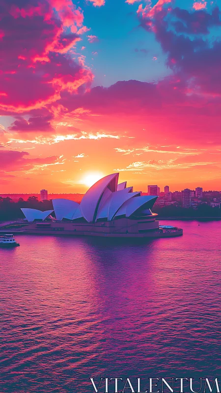 Sydney Opera House under neon magenta sunset sky glow.