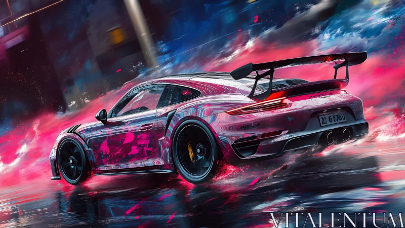 Sports car on wet neon street with reflective motion blur.