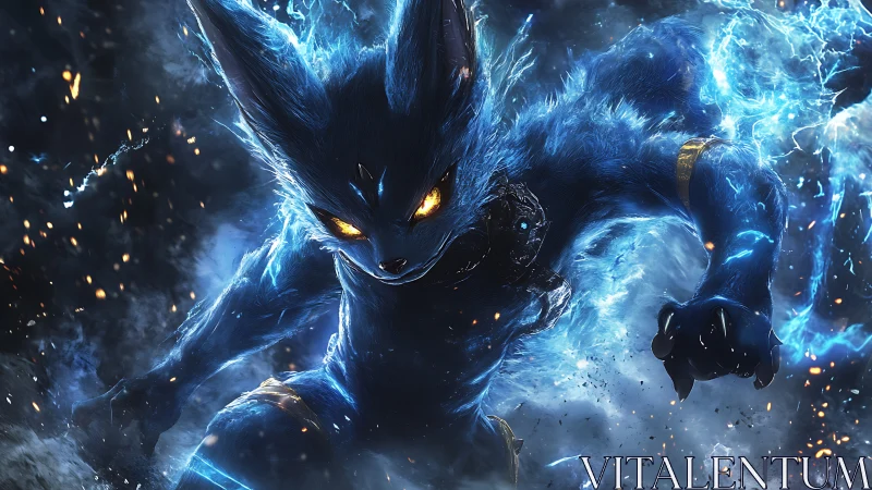 Lightning-charged fox warrior lunges through crackling storm.