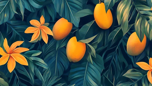 Citrus comets drift through a jungle of midnight teal leaves