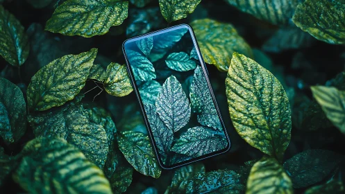 Smartphone screen mirroring lush green foliage in forest.