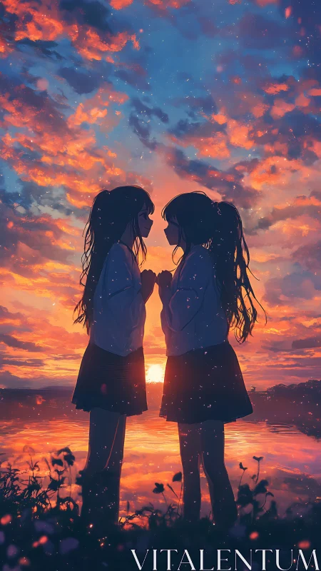 Sunset anime girls mirrored beside glowing lakeshore horizon.