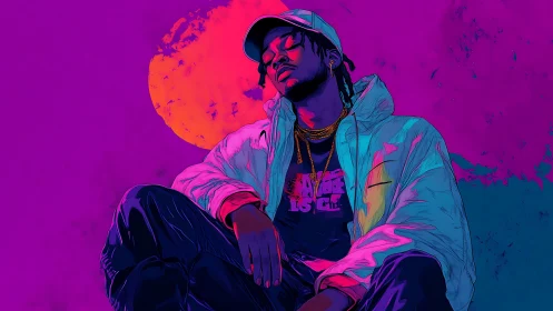 Neon streetwear portrait glows against vibrant sunset sphere