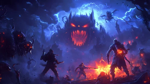 Human warriors confronting colossal demonic entity at night.