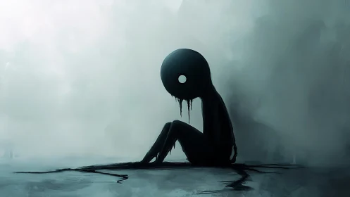 Dripping void figure grieving alone in a drowned horizon.