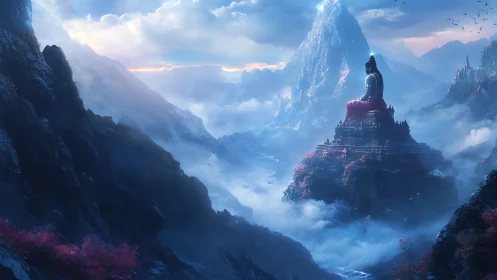 Serene mountain deity gazes over misty fantasy valley at dawn