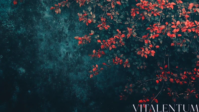 Crimson vine foliage against teal textured stone plane.