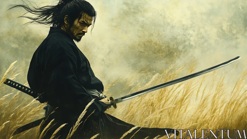 Samurai swordsman holds drawn katana in windswept grassland
