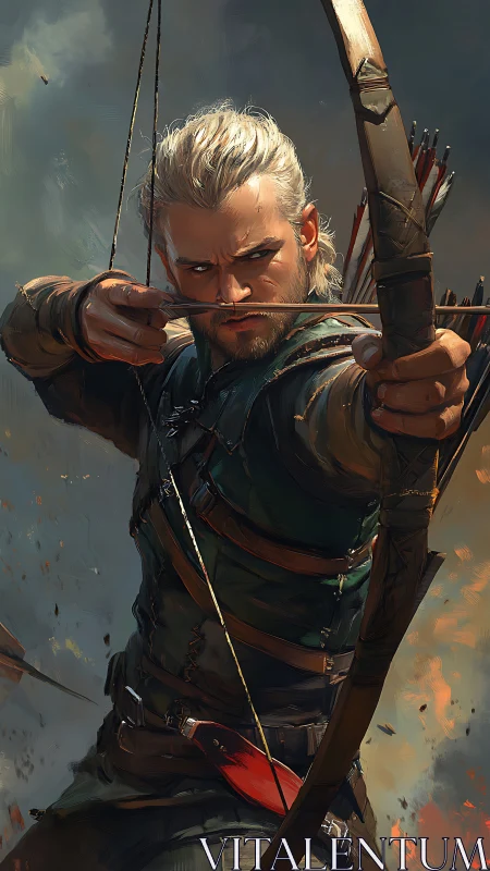 Male archer with drawn bow aims forward in dynamic battle scene