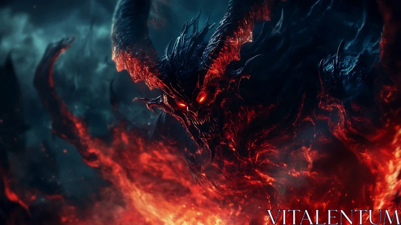 Infernal horned demon emerging from molten fire vortex.