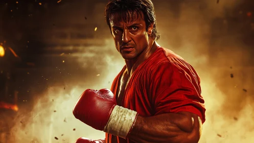 Determined boxer holds fighting stance under dramatic arena light