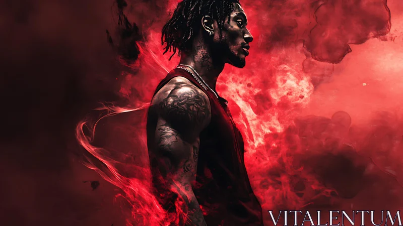 Defiant tattooed athlete stands in swirling red smoke storm