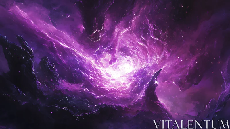 Cosmic vortex nebula in luminous violet digital painting.