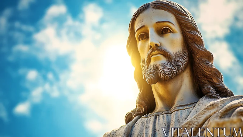Serene stone Christ statue glows beneath radiant sky.