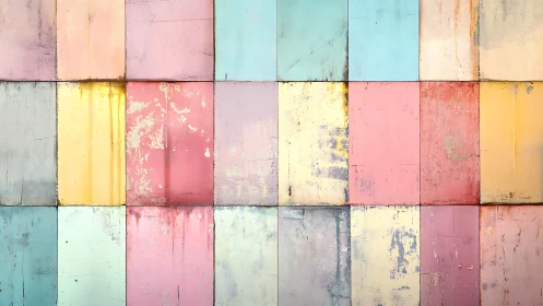 Pastel metal wall panels with worn textured surfaces.