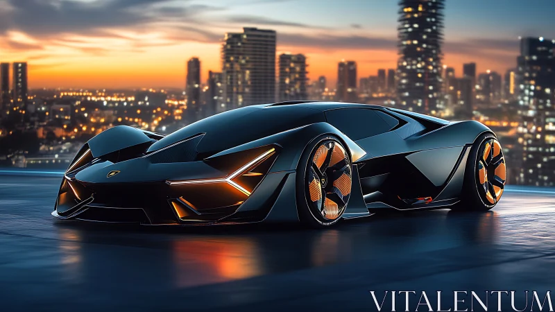 Futuristic electric hypercar on rooftop at dusk, city lights