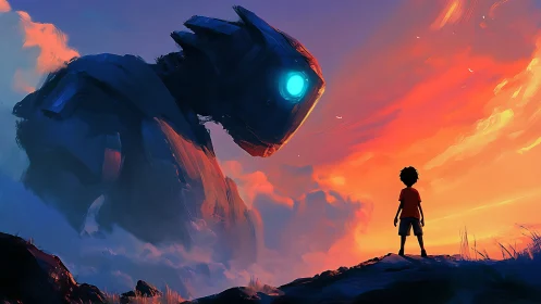Digital painting of child confronting colossal robot at sunset.