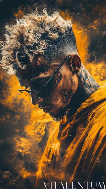 Pyro-chromatic portrait of tattooed figure in incendiary glow.