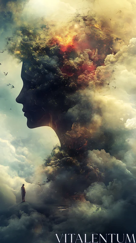 Stormborn silhouette cradles a wandering dreamer in clouds