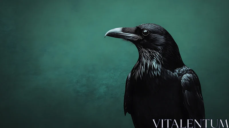 Majestic black raven portrait on teal background, digital art style.