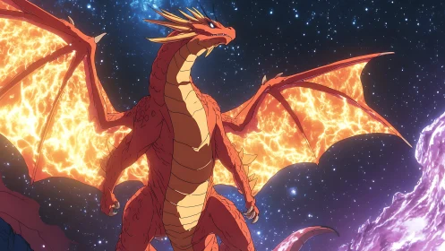 Lava-veined red dragon dominates starfield with emissive plasma wings