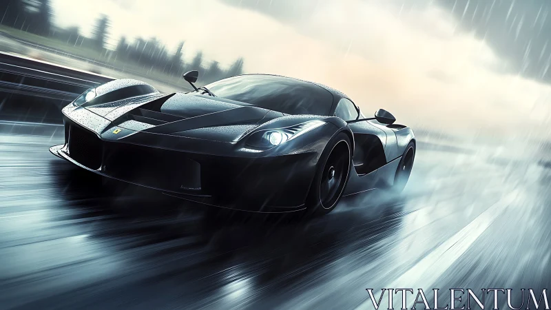 Midnight supercar gliding through silver rainstorm streets.