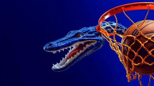Blue reptilian basketball mascot biting rim with orange net