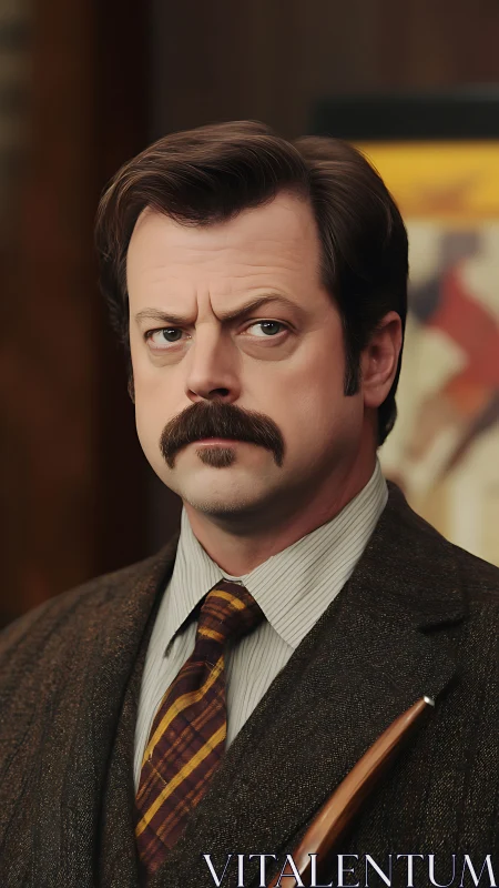 Stern mustached man in tweed suit under warm studio light.