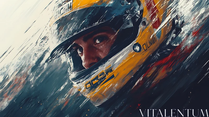 Focused racing driver portrait in dynamic helmet painting.