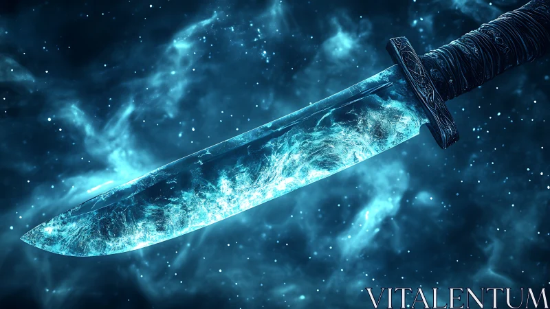 Translucent blue energy knife in cosmic space backdrop.