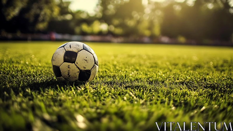 Sunlit soccer ball resting on a quiet green field.
