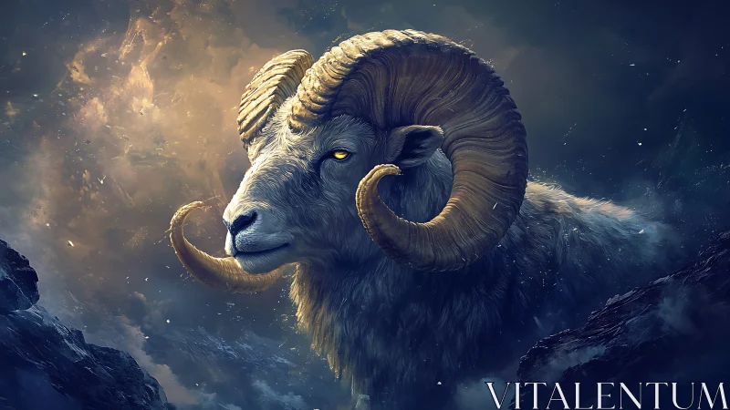 Mythic bighorn ram in stormlit astral mountain atmosphere