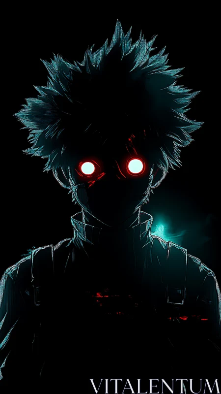 Neon outlined anime silhouette with glowing red eyes.